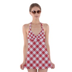 Picnic Gingham Red White Checkered Plaid Pattern Halter Dress Swimsuit  by SpinnyChairDesigns