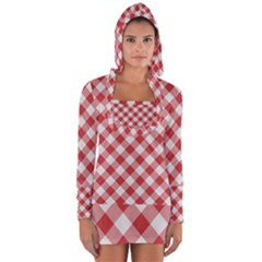 Picnic Gingham Red White Checkered Plaid Pattern Long Sleeve Hooded T-shirt by SpinnyChairDesigns