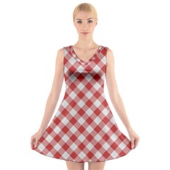 Picnic Gingham Red White Checkered Plaid Pattern V-neck Sleeveless Dress by SpinnyChairDesigns