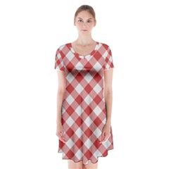 Picnic Gingham Red White Checkered Plaid Pattern Short Sleeve V-neck Flare Dress by SpinnyChairDesigns