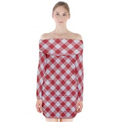 Picnic Gingham Red White Checkered Plaid Pattern Long Sleeve Off Shoulder Dress by SpinnyChairDesigns