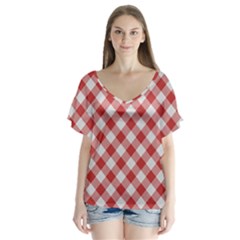 Picnic Gingham Red White Checkered Plaid Pattern V-neck Flutter Sleeve Top by SpinnyChairDesigns