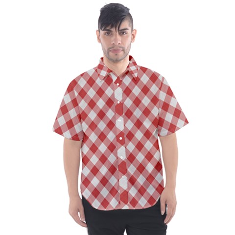 Picnic Gingham Red White Checkered Plaid Pattern Men s Short Sleeve Shirt by SpinnyChairDesigns