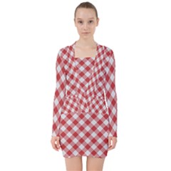 Picnic Gingham Red White Checkered Plaid Pattern V-neck Bodycon Long Sleeve Dress by SpinnyChairDesigns