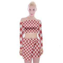 Picnic Gingham Red White Checkered Plaid Pattern Off Shoulder Top With Mini Skirt Set by SpinnyChairDesigns