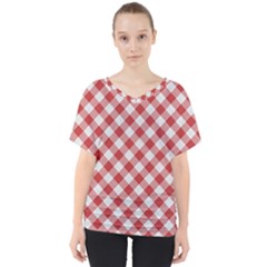 Picnic Gingham Red White Checkered Plaid Pattern V-neck Dolman Drape Top by SpinnyChairDesigns