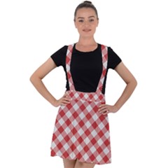 Picnic Gingham Red White Checkered Plaid Pattern Velvet Suspender Skater Skirt by SpinnyChairDesigns