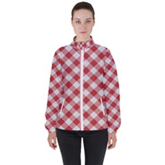 Picnic Gingham Red White Checkered Plaid Pattern Women s High Neck Windbreaker by SpinnyChairDesigns