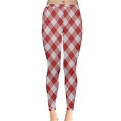 Picnic Gingham Red White Checkered Plaid Pattern Inside Out Leggings by SpinnyChairDesigns