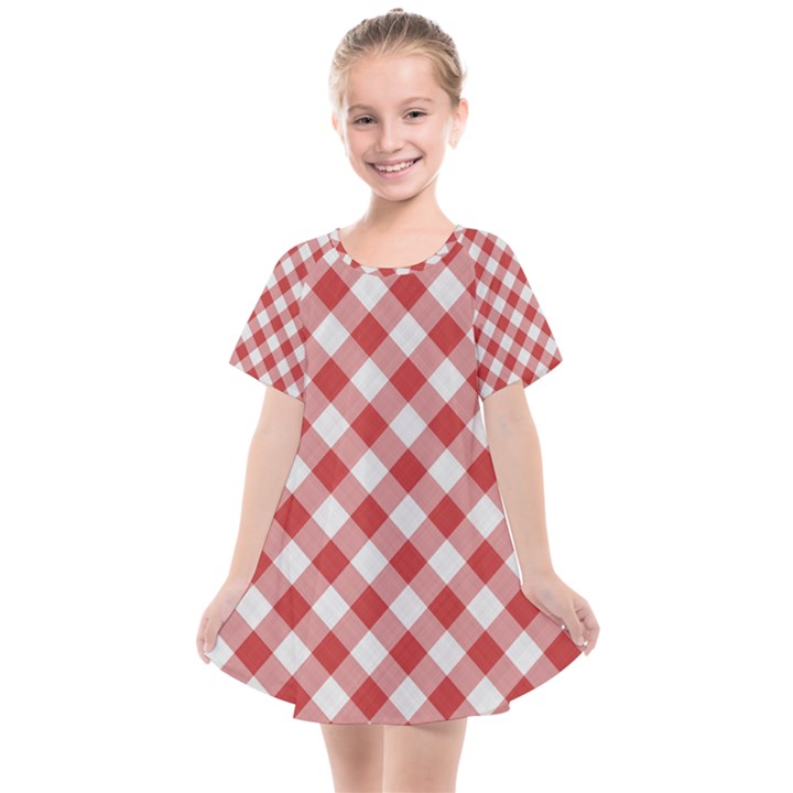 Picnic Gingham Red White Checkered Plaid Pattern Kids  Smock Dress