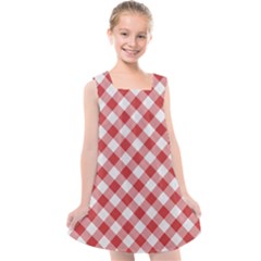 Picnic Gingham Red White Checkered Plaid Pattern Kids  Cross Back Dress by SpinnyChairDesigns