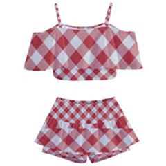 Picnic Gingham Red White Checkered Plaid Pattern Kids  Off Shoulder Skirt Bikini by SpinnyChairDesigns