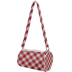 Picnic Gingham Red White Checkered Plaid Pattern Mini Cylinder Bag by SpinnyChairDesigns