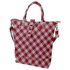 Picnic Gingham Red White Checkered Plaid Pattern Buckle Top Tote Bag by SpinnyChairDesigns