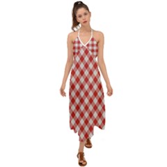 Picnic Gingham Red White Checkered Plaid Pattern Halter Tie Back Dress  by SpinnyChairDesigns