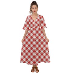 Picnic Gingham Red White Checkered Plaid Pattern Kimono Sleeve Boho Dress by SpinnyChairDesigns