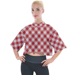 Picnic Gingham Red White Checkered Plaid Pattern Mock Neck Tee by SpinnyChairDesigns