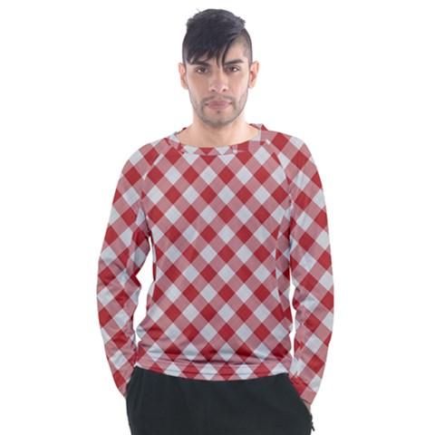 Picnic Gingham Red White Checkered Plaid Pattern Men s Long Sleeve Raglan Tee by SpinnyChairDesigns