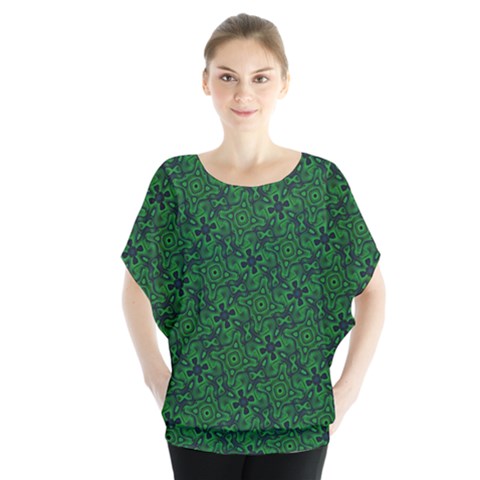 Green Intricate Pattern Batwing Chiffon Blouse by SpinnyChairDesigns