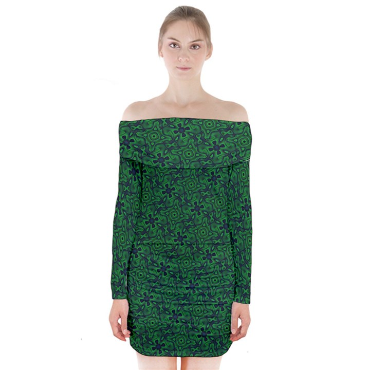 Green Intricate Pattern Long Sleeve Off Shoulder Dress