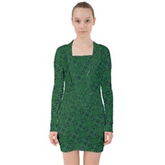 Green Intricate Pattern V-neck Bodycon Long Sleeve Dress by SpinnyChairDesigns