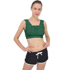 Green Intricate Pattern V-back Sports Bra by SpinnyChairDesigns