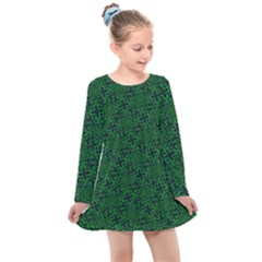 Green Intricate Pattern Kids  Long Sleeve Dress by SpinnyChairDesigns