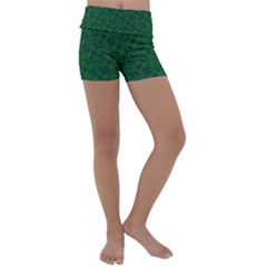 Green Intricate Pattern Kids  Lightweight Velour Yoga Shorts by SpinnyChairDesigns