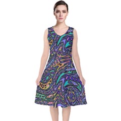 Multicolored Abstract Art Pattern V-neck Midi Sleeveless Dress 