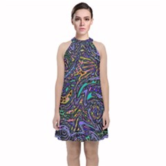 Multicolored Abstract Art Pattern Velvet Halter Neckline Dress  by SpinnyChairDesigns