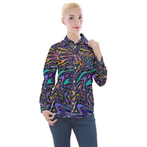 Multicolored Abstract Art Pattern Women s Long Sleeve Pocket Shirt by SpinnyChairDesigns