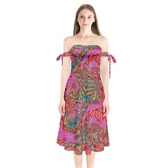 Abstract Art Multicolored Pattern Shoulder Tie Bardot Midi Dress by SpinnyChairDesigns