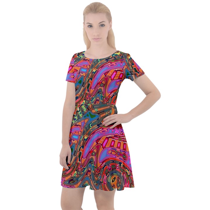 Abstract Art Multicolored Pattern Cap Sleeve Velour Dress 