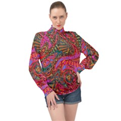 Abstract Art Multicolored Pattern High Neck Long Sleeve Chiffon Top by SpinnyChairDesigns