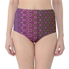 Abstract Retro Floral Stripes Pattern Classic High-waist Bikini Bottoms by SpinnyChairDesigns