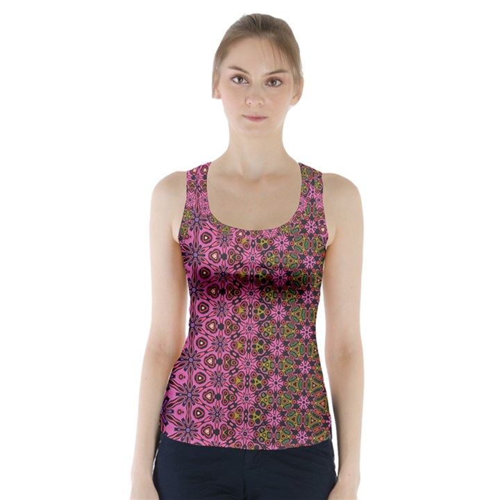 Abstract Retro Floral Stripes Pattern Racer Back Sports Top