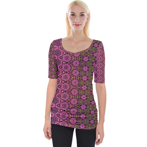 Abstract Retro Floral Stripes Pattern Wide Neckline Tee by SpinnyChairDesigns