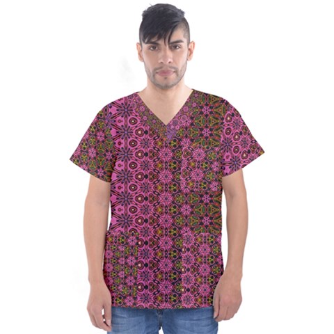 Abstract Retro Floral Stripes Pattern Men s V-neck Scrub Top by SpinnyChairDesigns