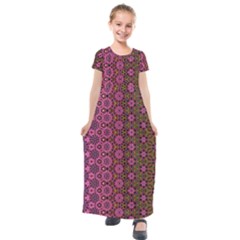 Abstract Retro Floral Stripes Pattern Kids  Short Sleeve Maxi Dress by SpinnyChairDesigns