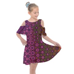 Abstract Retro Floral Stripes Pattern Kids  Shoulder Cutout Chiffon Dress by SpinnyChairDesigns