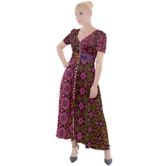 Abstract Retro Floral Stripes Pattern Button Up Short Sleeve Maxi Dress by SpinnyChairDesigns