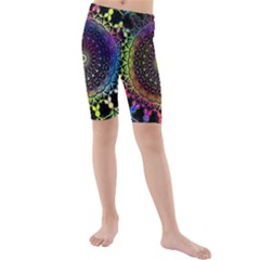 Colorful Rainbow Colored Arabesque Mandala Kaleidoscope  Kids  Mid Length Swim Shorts by SpinnyChairDesigns