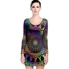 Colorful Rainbow Colored Arabesque Mandala Kaleidoscope  Long Sleeve Bodycon Dress by SpinnyChairDesigns