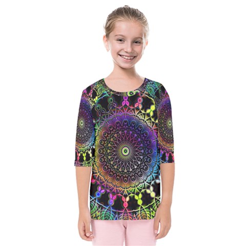 Colorful Rainbow Colored Arabesque Mandala Kaleidoscope  Kids  Quarter Sleeve Raglan Tee by SpinnyChairDesigns