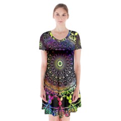 Colorful Rainbow Colored Arabesque Mandala Kaleidoscope  Short Sleeve V-neck Flare Dress by SpinnyChairDesigns