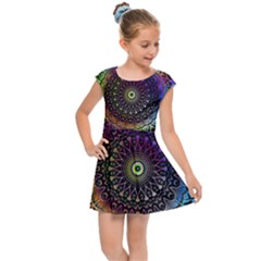 Colorful Rainbow Colored Arabesque Mandala Kaleidoscope  Kids  Cap Sleeve Dress by SpinnyChairDesigns