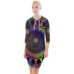 Colorful Rainbow Colored Arabesque Mandala Kaleidoscope  Quarter Sleeve Hood Bodycon Dress by SpinnyChairDesigns