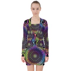 Colorful Rainbow Colored Arabesque Mandala Kaleidoscope  V-neck Bodycon Long Sleeve Dress by SpinnyChairDesigns