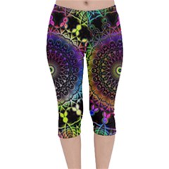 Colorful Rainbow Colored Arabesque Mandala Kaleidoscope  Velvet Capri Leggings  by SpinnyChairDesigns