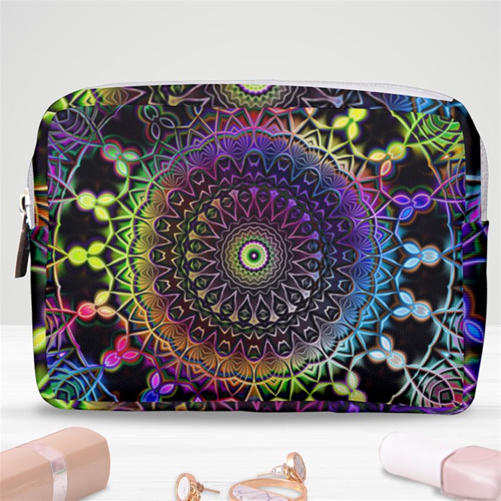 Colorful Rainbow Colored Arabesque Mandala Kaleidoscope  Make Up Pouch (Medium)